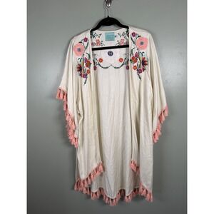 Judith March Embroidered Tassel Kimono Medium Boho Floral Bird Fringe Cover Up
